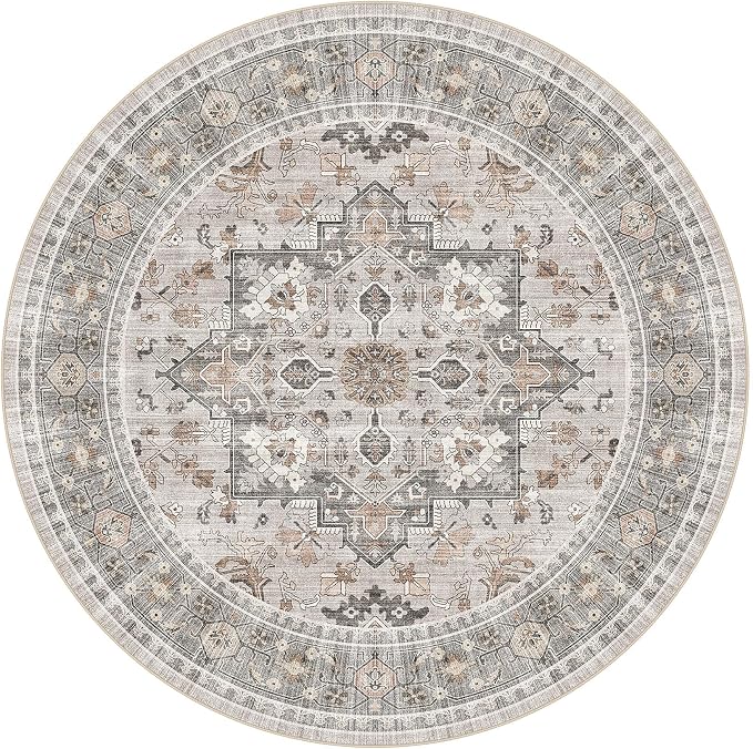 6ft Round Area Rug: Washable Vintage Neutral Soft Non Slip Thin Large Floor - Image 9