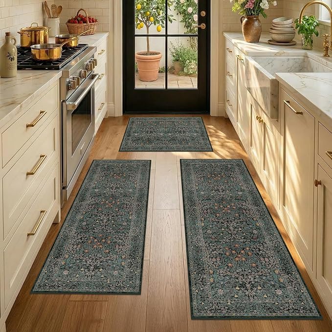 Black Green Kitchen Rug Set of 3, Washable Non-Slip Mats - Image 5