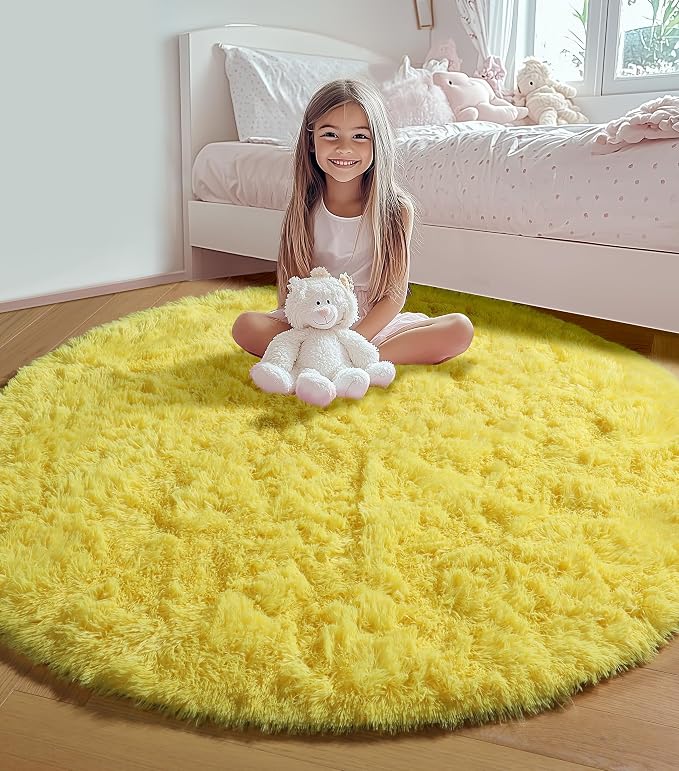 ONASAR Yellow Round Rugs 5ft for Bedroom Living Room, Fluffy Circle Area Rug - Image 6