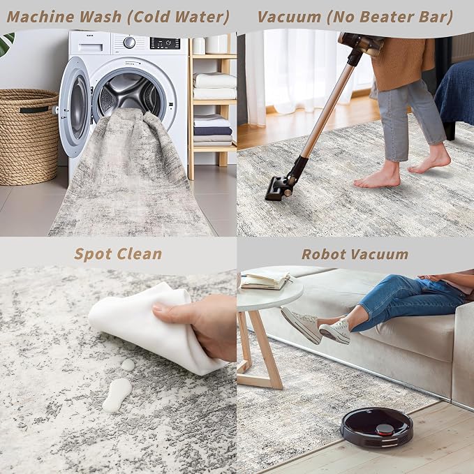 2x8 Washable Hallway Runner Rug – Non-Slip Modern Abstract Neutral Low-Pile - Image 7