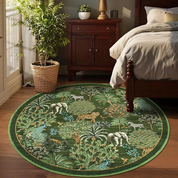 GarveeHome Jungle Round Washable Rugs 4ft Non-Slip Soft Round Rug - Image 2