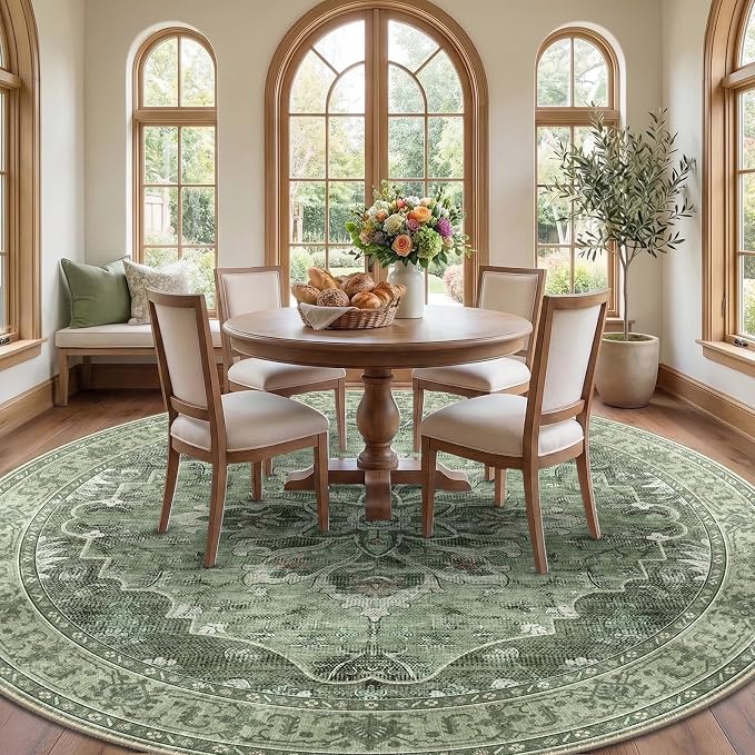 RELEANY Area Rugs Round 8ft Washable Non-Slip, Floral Vintage Distress - Image 2