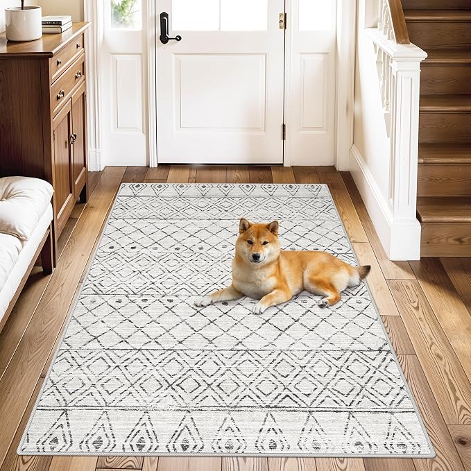 Moroccan 3x4 Washable Area Rug for Entryway Geo Grey | Non Slip Soft Texture by BYYVOORugsforYourHome
