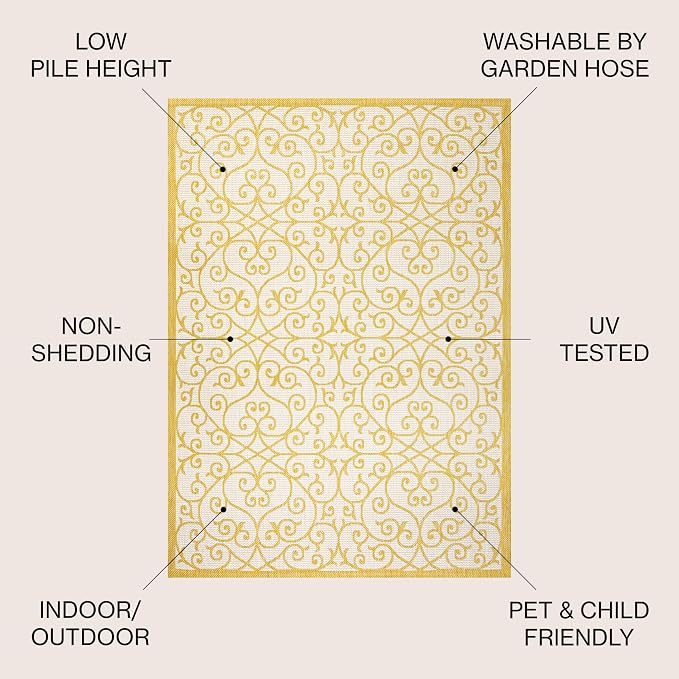 JONATHAN Y Vintage Filigree Indoor Outdoor Area Rug 9X12 Cream/Yellow, Madrid - Image 3