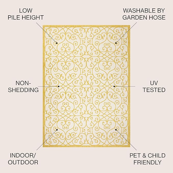 JONATHAN Y Vintage Filigree Indoor Outdoor Area Rug 8X10 Cream/Yellow, Madrid - Image 3