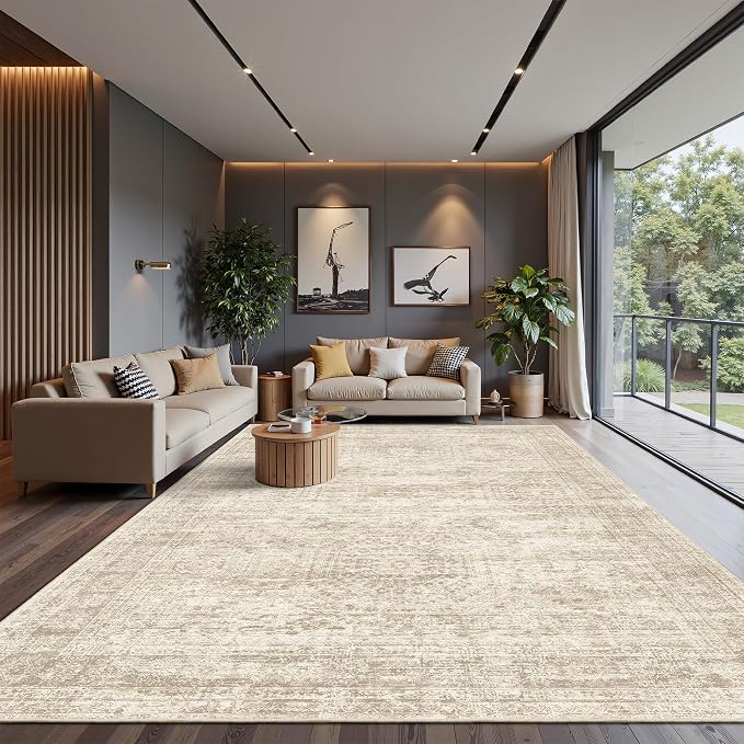 Soalmost 12x15 Washable Area Rug Beige Neutral Abstract Living Room Large - Image 2