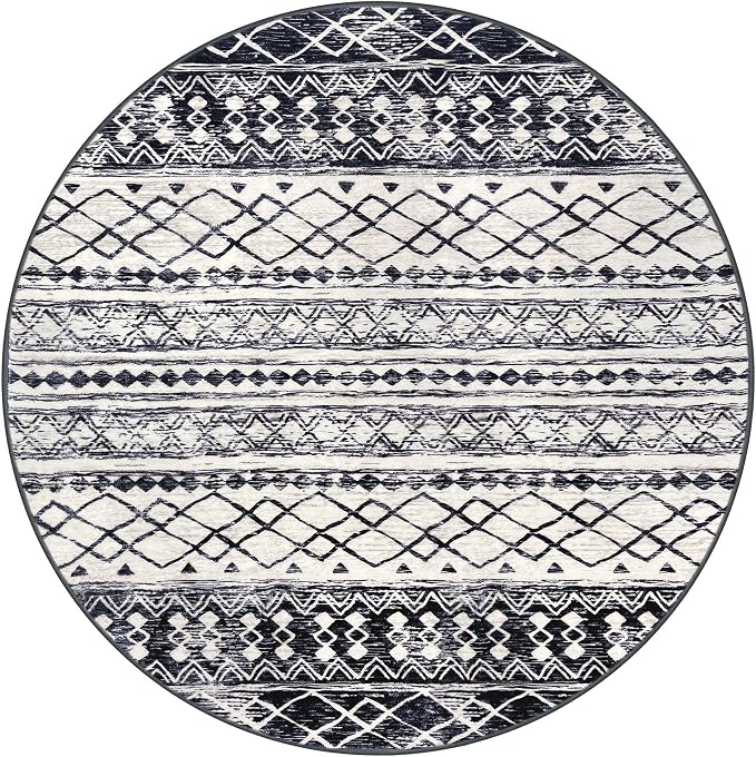 KUTA Round Washable Rug 3Ft Boho Black Navy Blue Entryway Rugs, Moroccan Foyer - Image 8