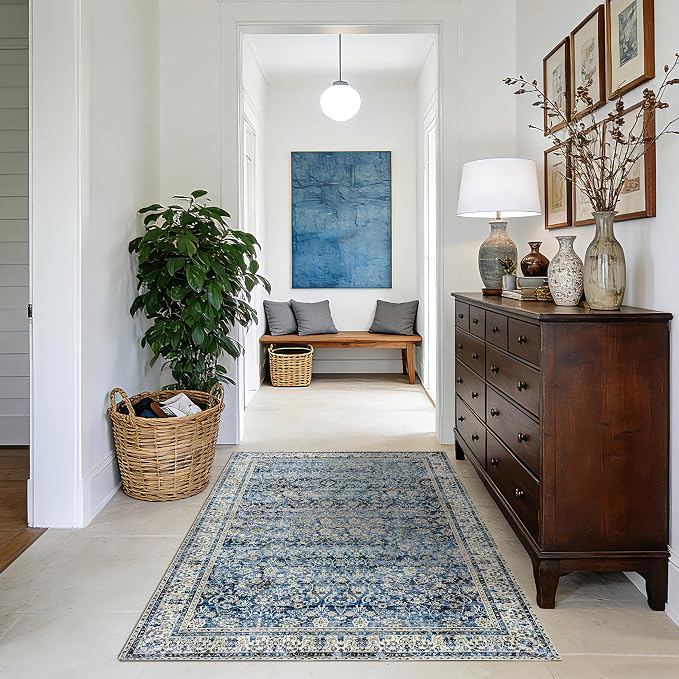 BILEEHOME Vintage Blue Kitchen Rugs 2x3 Dark Blue Distressed Low Pile Area Rug - Image 9