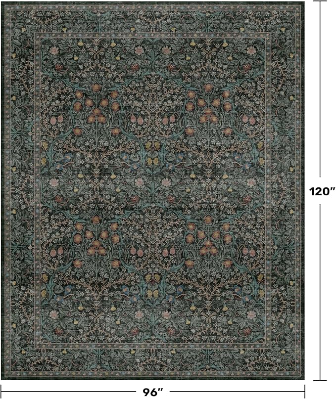 Vintage Dark Green Living Room Rug, 8x10 Washable Area Rugs - Image 2