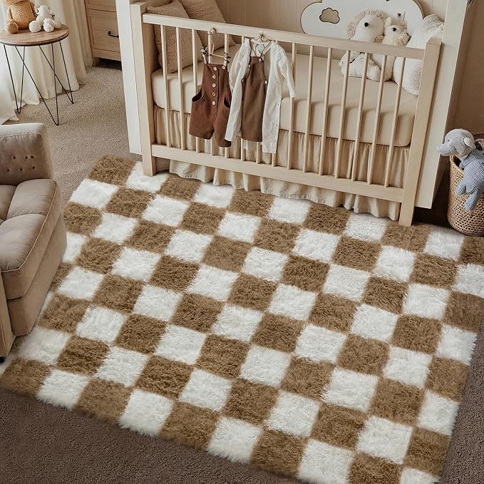 PureCozy 4x6 Area Rugs for Kids Room Brown Soft Shag Checkered Rug Modern - Image 5