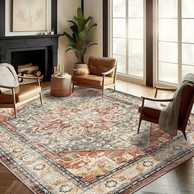 CHAMPLANT Washable Area Rug 9'x12' Red Khaki Retro Flowers Boho Design by CHAMPLANT