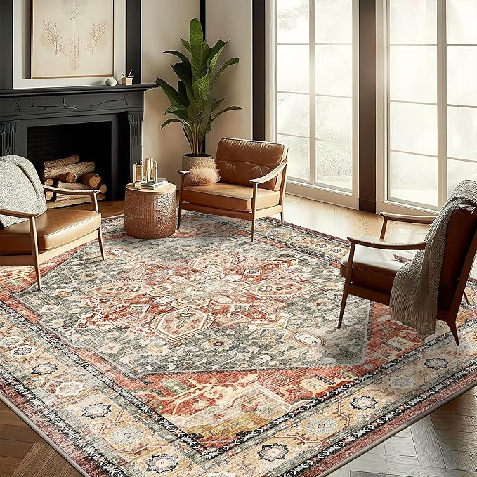 CHAMPLANT Washable Area Rug 8'x10' Red Khaki Retro Boho Design Non-Shedding by CHAMPLANT