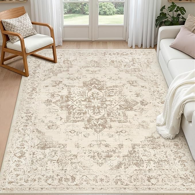 4x6 Area Rugs for Living Room: Vintage Boho Neutral Washable Rug Indoor Soft by Luxturiy