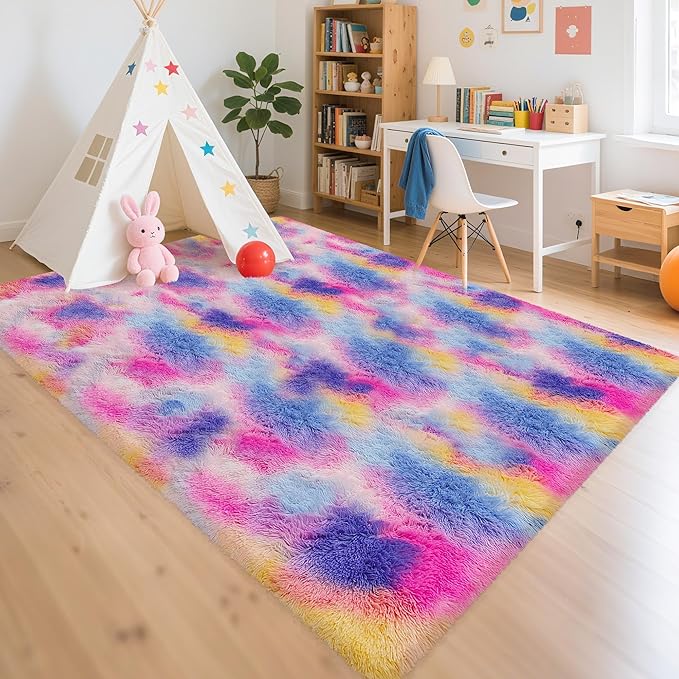Rainbow Area Rugs 5x8 ft, Tie-Dyed Unicorn Fluffy Fuzzy Shaggy Carpet Soft by TENNOLA
