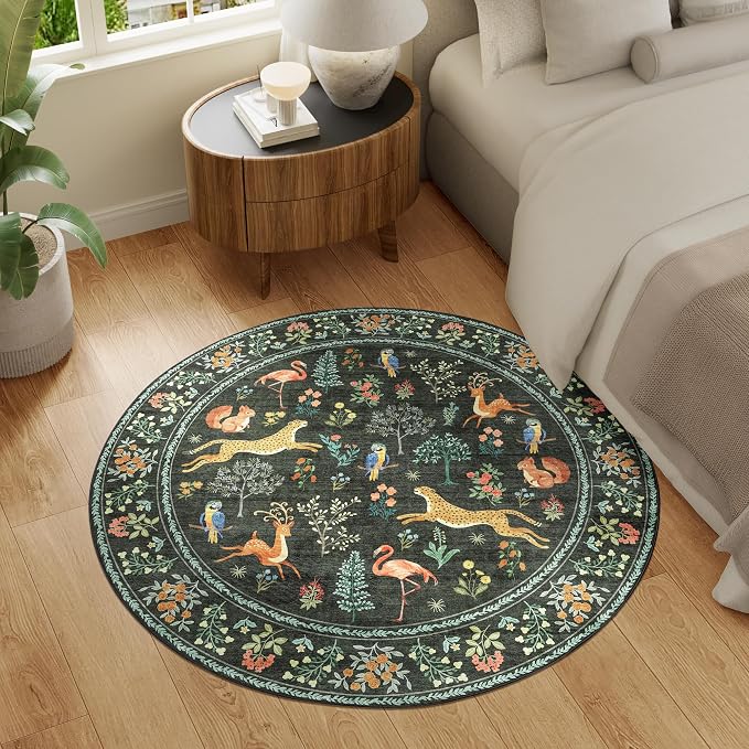 DUKINO 4ft Round Rug, Washable Round Area Rug, Non Slip Indoor Low Pile Animal - Image 6