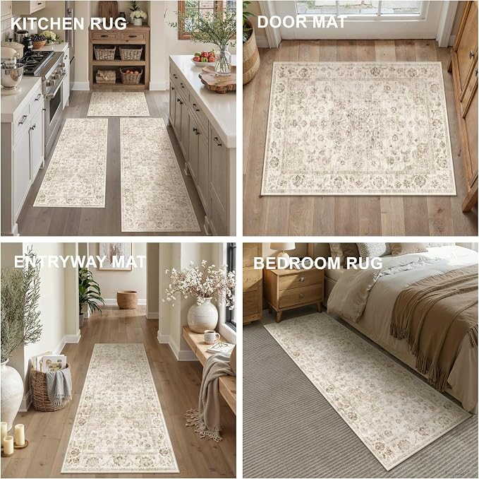 Neutral Kitchen Rug Set of 3 Washable Beige Vintage Kitchen Mats - Image 9