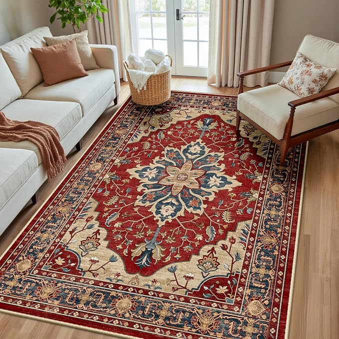 RELEANY Area Rugs 5'x8' Washable Non-Slip, Floral Vintage Distress Medallion by RELEANY