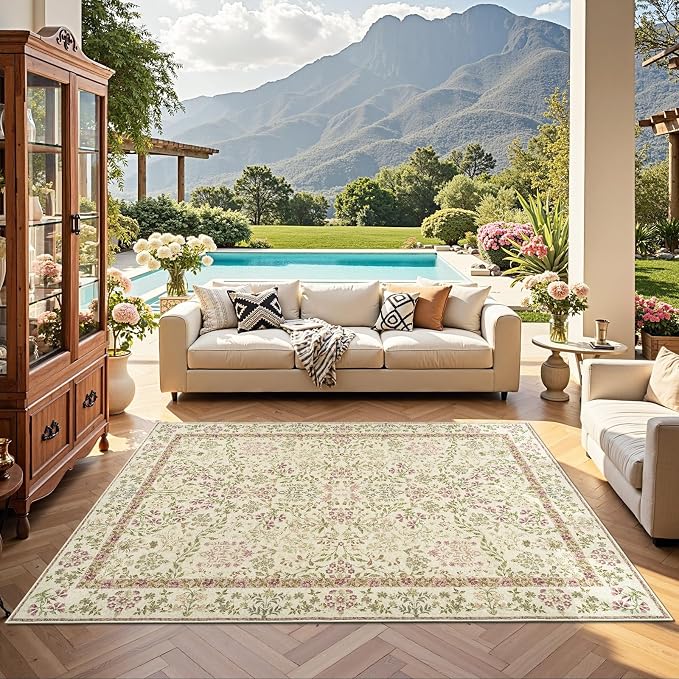 jinchan Zenith Floral 5x7 Area Rug Soft Low-Pile Living Room Rug Machine - Image 3