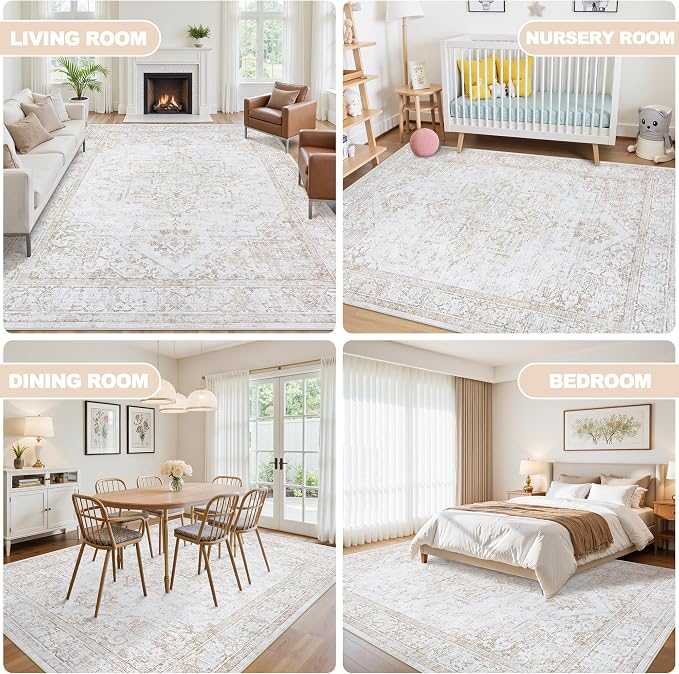9x12 Area Rugs for Living Room:Beige Washable Vintage Medallion Rug Non-Slip - Image 6