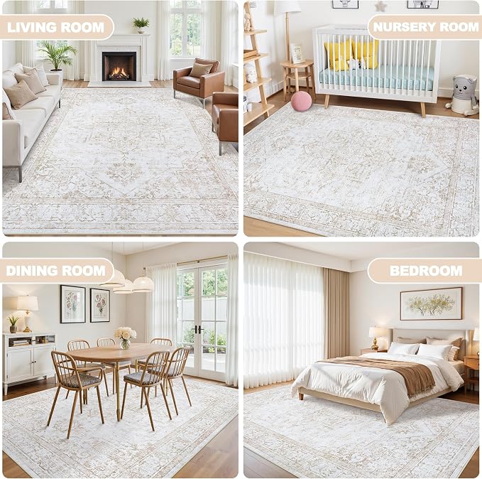 5x7 Area Rugs for Bedroom:Beige Washable Vintage Medallion Rug Non-Slip Soft - Image 5