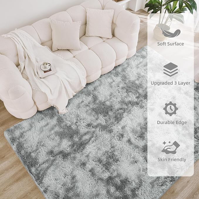 Litanika 8x10 Shag Area Rug for Living Room Bedroom, Tie-Dyed Light Grey High - Image 4