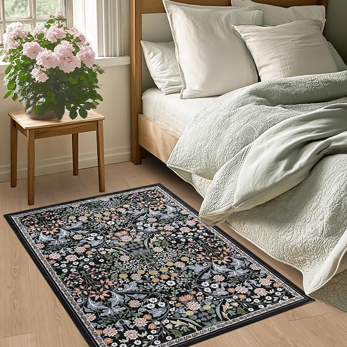 Entryway Rug 2X3 Small Rugs: Floral Washable Door Mat Vintage Soft Low Pile - Image 3