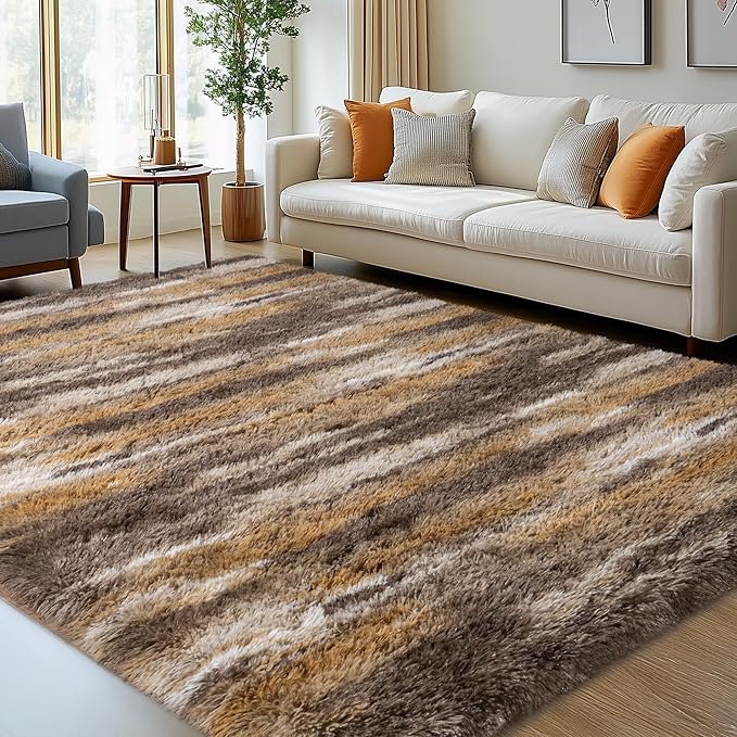 9x12 Fluffy Shag Area Rugs, Ultra Soft Non-Slip Abstract Brown Plush Carpet by WISHTREE