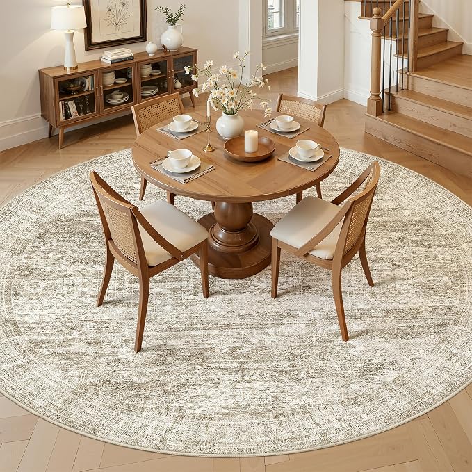 Soalmost 8ft Round Rug Brown/Ivory, Living Room Circle Rug Vintage Round Area - Image 3