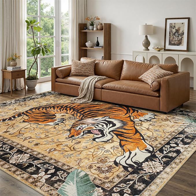 DCX Washable 6x9 Tiger Area Rug, Soft Low Pile Carpet, Kid & Pet Friendly - Image 5