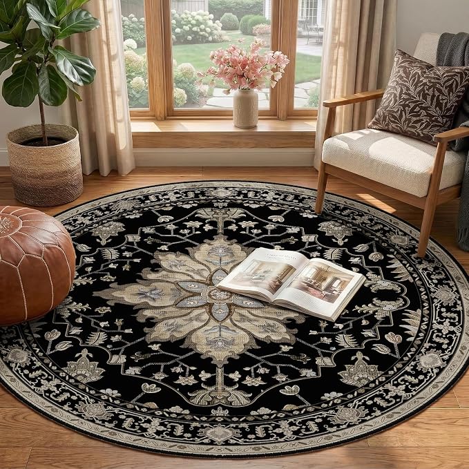 RELEANY Area Rugs Round 4ft Washable Non-Slip, Floral Vintage Distress - Image 2
