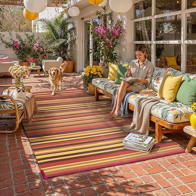 Outdoor Plastic Straw Rug Waterproof Patio 9x18 Red Orange Stripe Mat - Image 2