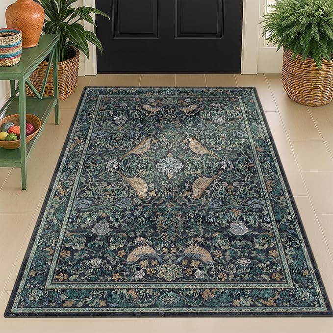 Vintage Large Entryway Rugs Indoor, 3x5 Washable Blue and Green Floral Rugs - Image 6