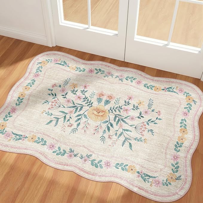 Scalloped Door Mat 2x3 Small Pink Floral Washable Entryway Rug | Soft Low Pile by Dadasgk