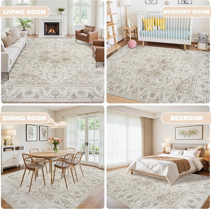 8x10 Area Rugs for Living Room:Beige Washable Vintage Medallion Carpet Non-Slip - Image 6