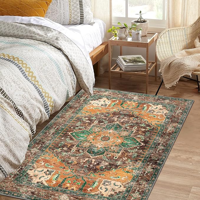 Yamaziot Washable Area Rug, 4x6 Non-Slip Boho Vintage Living Room Bedroom Rug - Image 6