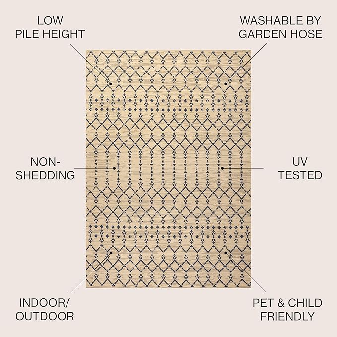 JONATHAN Y Moroccan Geometric Indoor Outdoor Round Area Rug 4 Ft Beige/Navy - Image 2