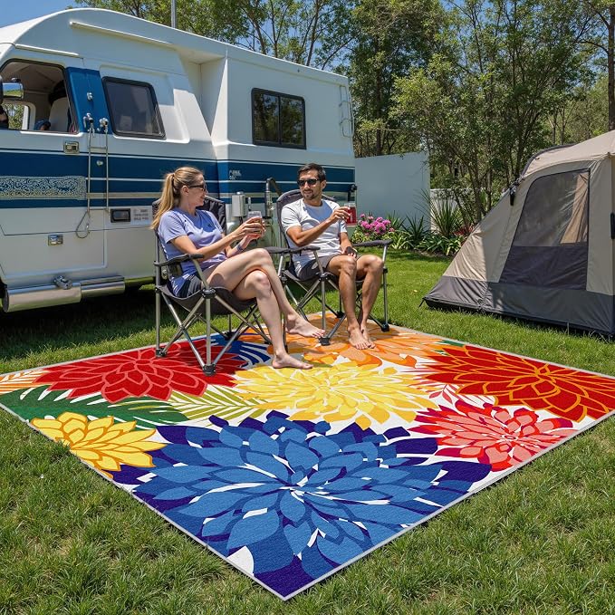 Outdoor Area Rug Washable Multicolored Patio Rug Tropical Botanical Modern - Image 8
