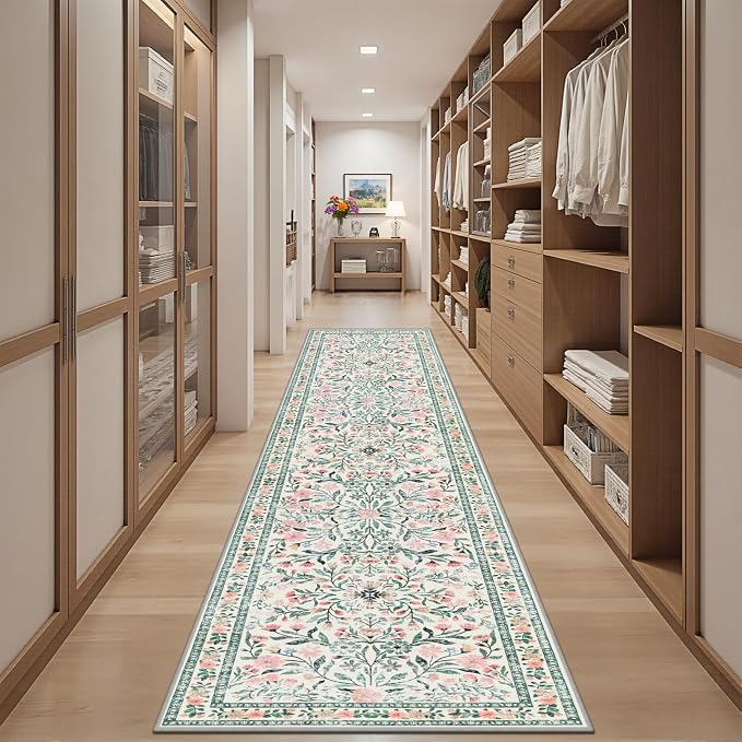 Runner Rug for Entryway: 3x10 Kitchen Rugs Floral Washable Rug Green/Beige | - Image 5