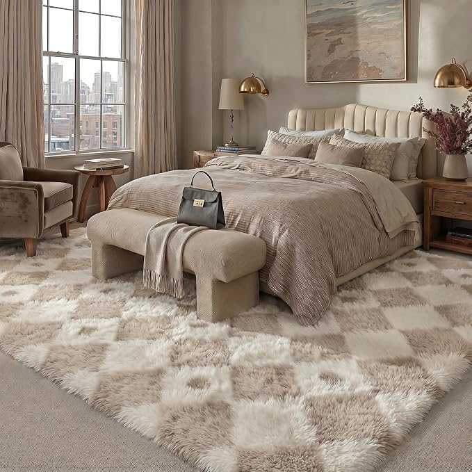 PureCozy Checkered Rug 9x12 Fluffy Shag Living Room Beige Area Rug Modern - Image 3