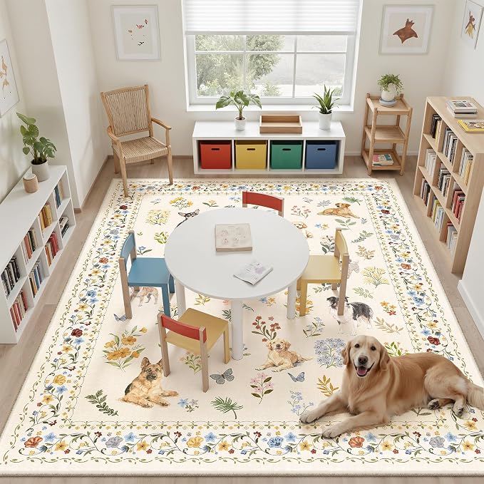 Soalmost Dog 9x12 Area Rugs for Living Room, Machine Washable Animal Floral - Image 4