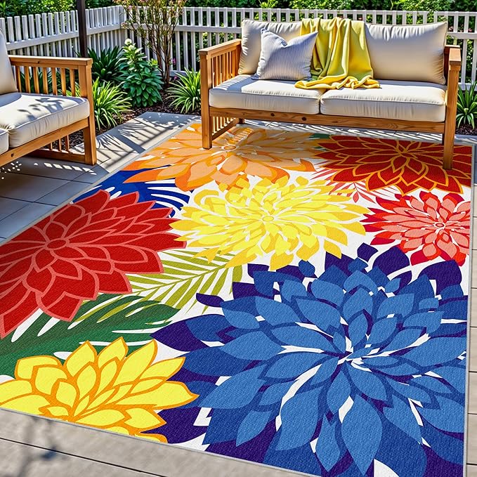 Outdoor Area Rug Washable Multicolored Patio Rug Tropical Botanical Modern by ArenaRug