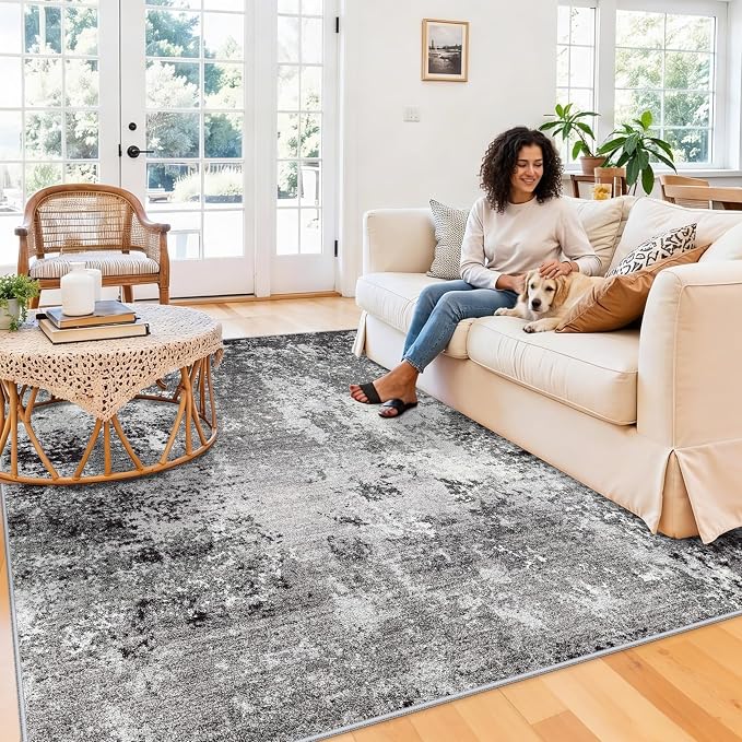 8x8 Square Living Room Area Rug – Washable Modern Neutral Abstract Indoor Rug - Image 4