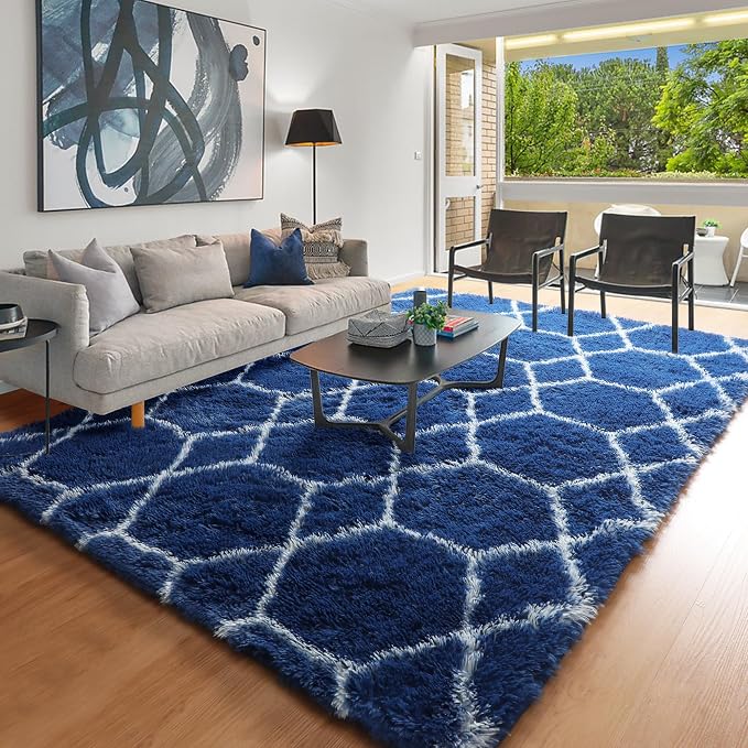 ONASAR Large 8x10 Area Rugs for Living Room, Fluffy Geometric Navy and White - Image 9