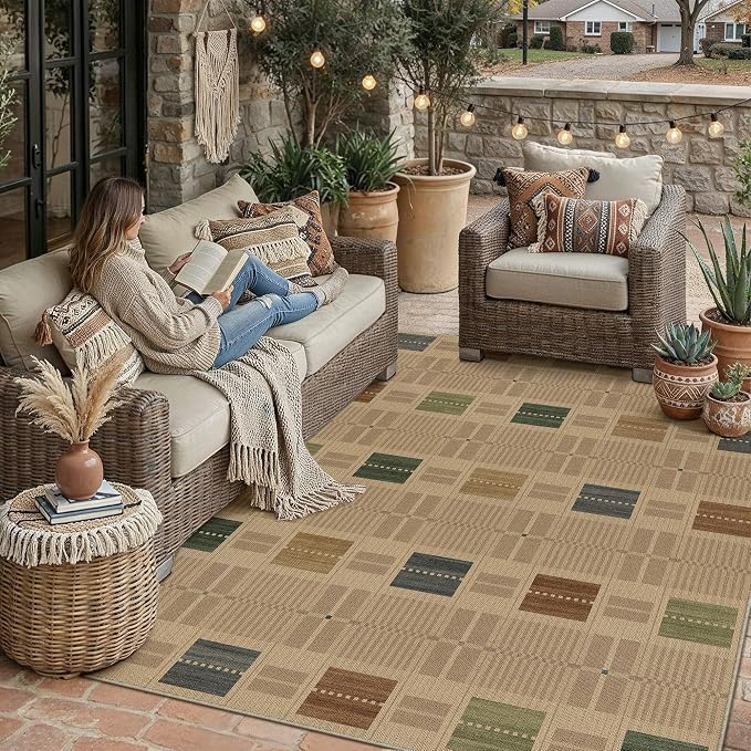 HUGEAR 5x8 Jute Outdoor Indoor Checkered Rug Washable Linen Textured Weave High - Image 2
