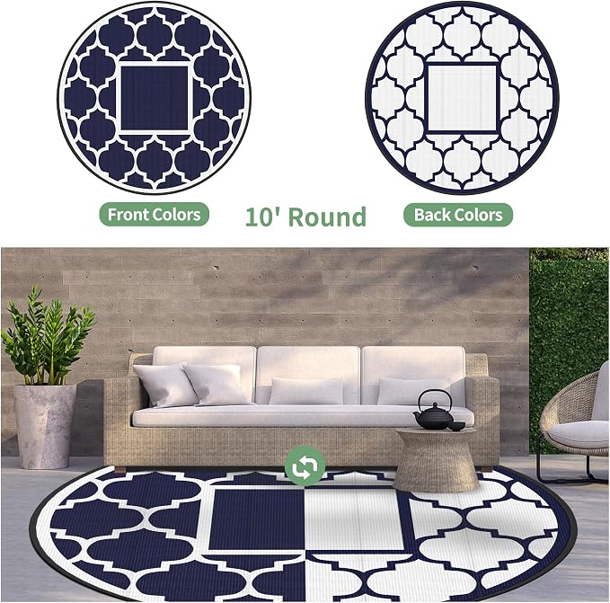 GENIMO 10 ' Round Outdoor Rug for Patio, Waterproof Indoor Outdoor Plastic - Image 5