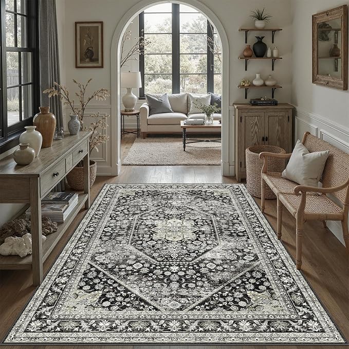 DCX Machine Washable Black Area Rug 4x6, Non Slip Stain Resistant Vintage - Image 3