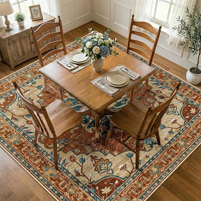 RELEANY Area Rugs Square 7ft Washable Non-Slip, Floral Vintage Distress by RELEANY