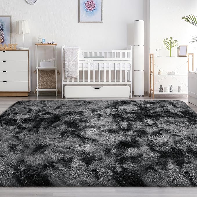 Soft Shaggy Rugs for Bedroom Living Room, 6x9 Tie-Dyed Dark Grey and Black Rug - Image 7