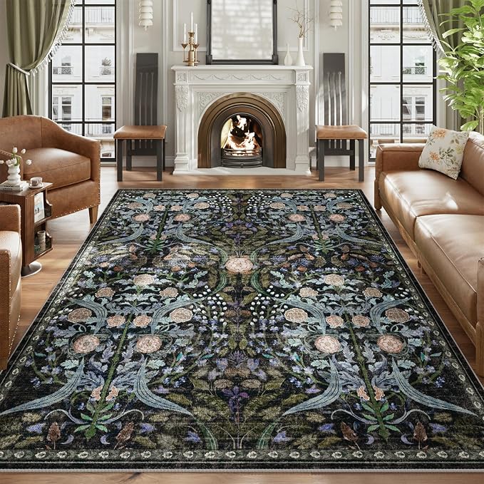 AMTOVO 9x12 Washable Area Rugs for Living Room, Non-Slip&Non-Shedding Floral by AMTOVO