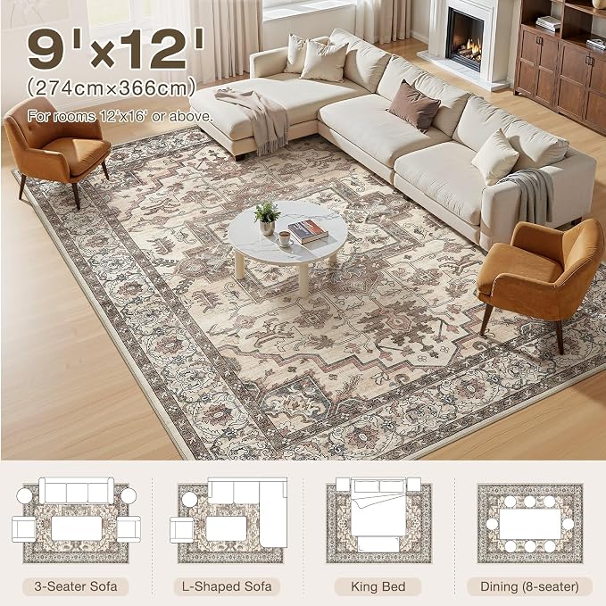 9x12 Area Rugs Living Room: Washable Vintage Rug Large Non-Slip Stain Resistant - Image 9